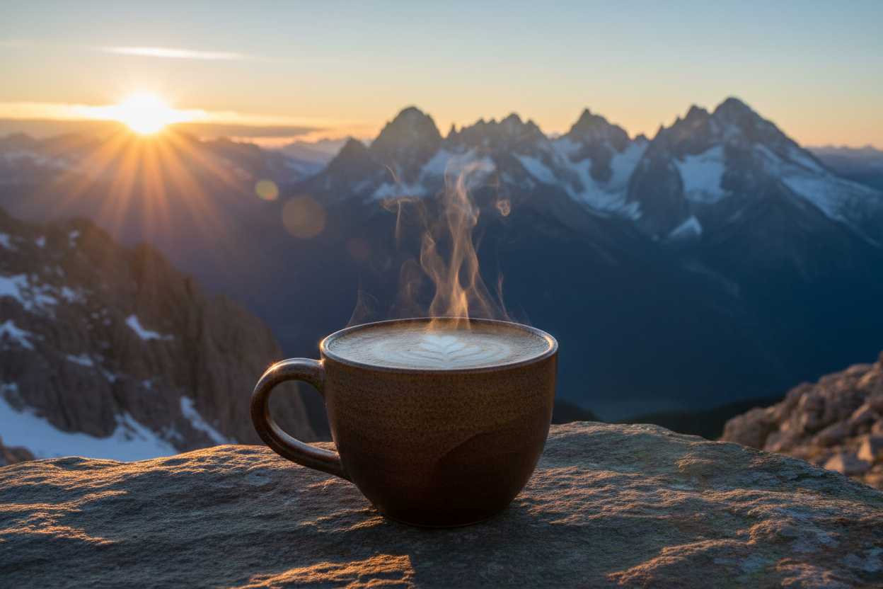 a coffee infront of a mountain range, the image should infer success and accomplishment