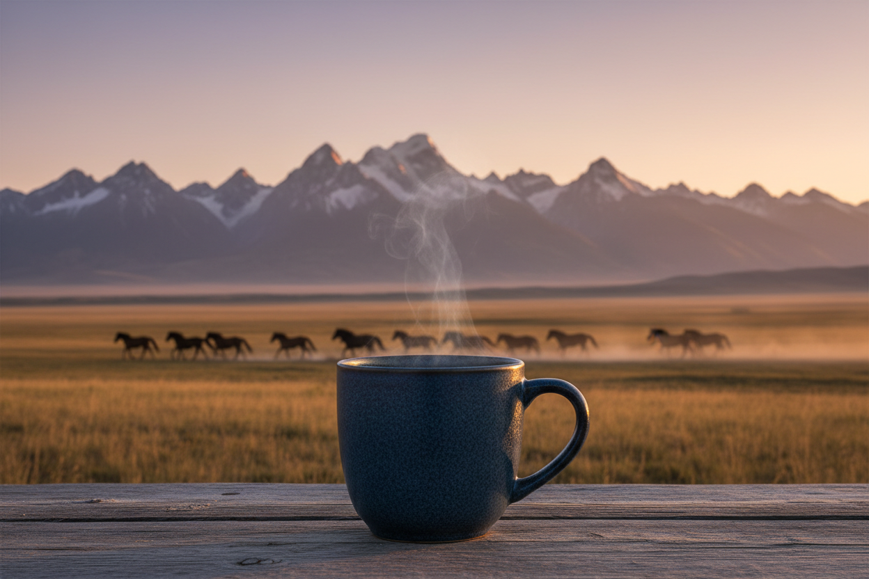 a coffee cup infront of a mountain range with wild horses running in the distance