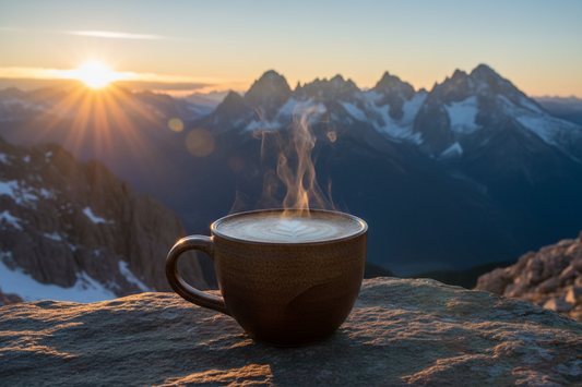 a coffee infront of a mountain range, the image should infer success and accomplishment