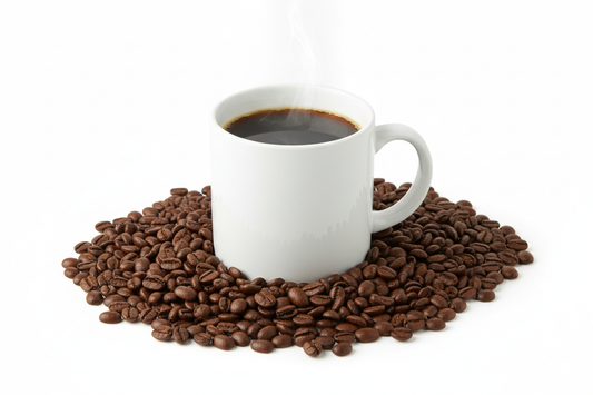 A cut out of a basic black coffee with a white background. The coffee has medium dark coffee beans surrounding it.