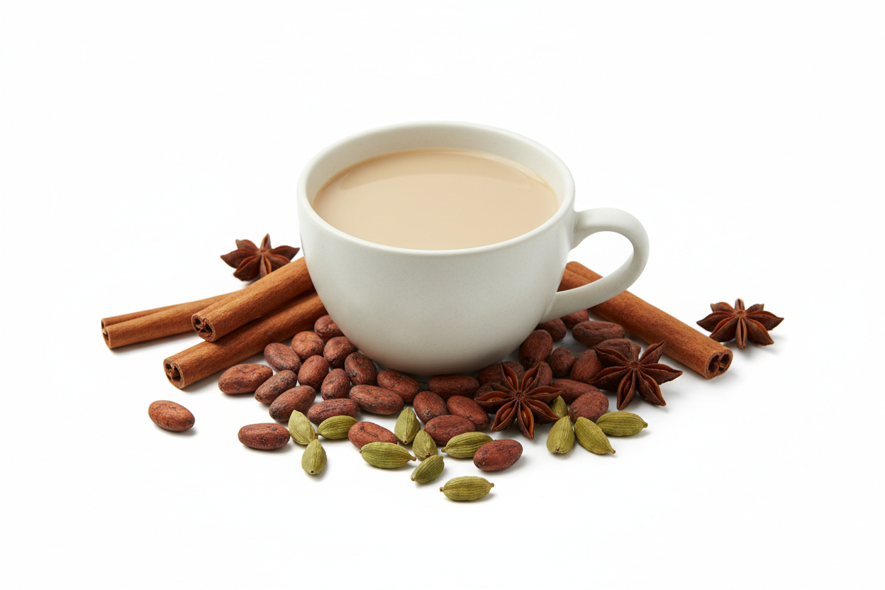 A cut out of a basic latte with a white background. The latte has cocoa beans and spices surrounding it.